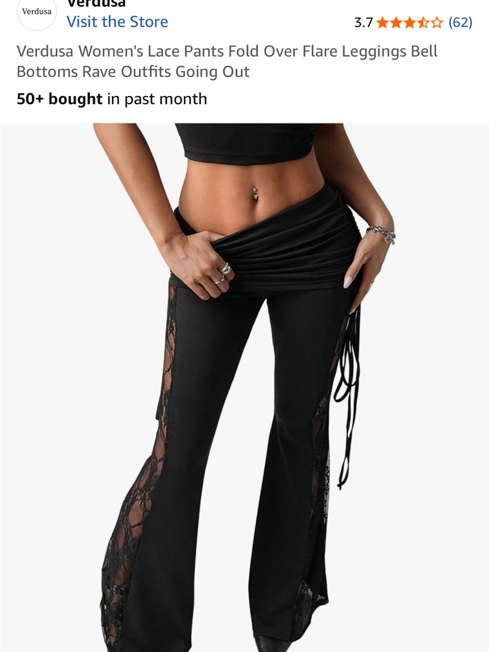 Verdusa Black Lace-Panel Fold-Over Flare Pants